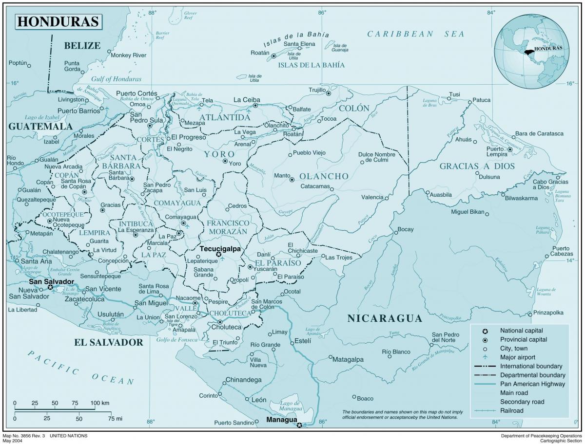 kartes fiziskās karte Hondurasa