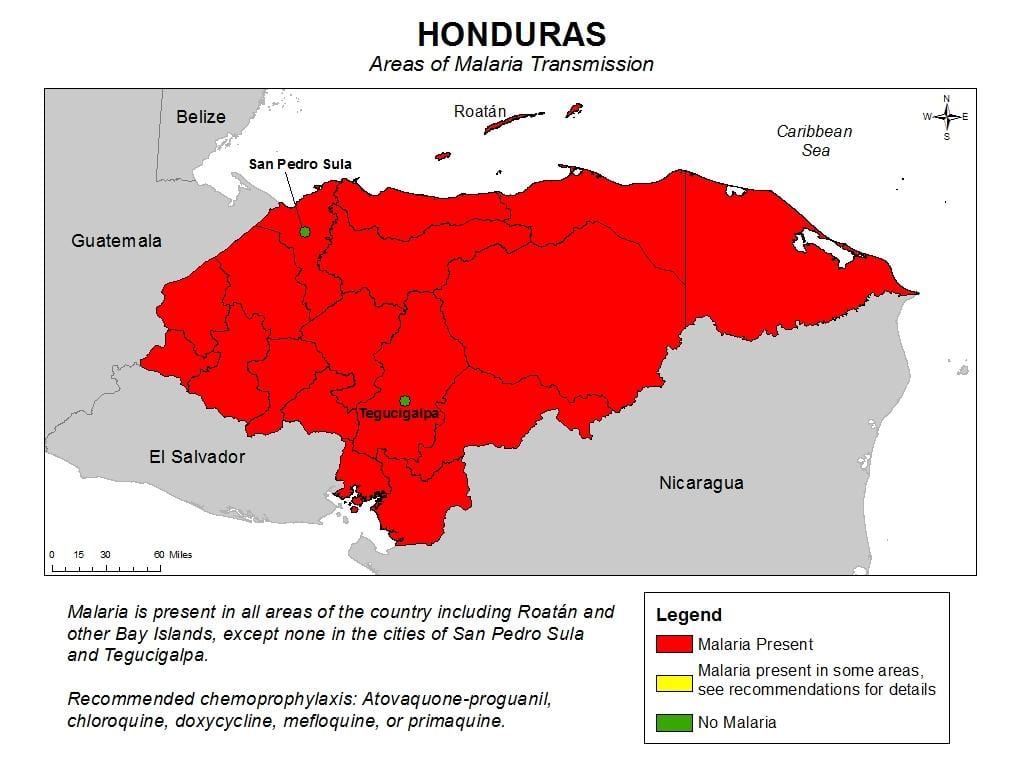 karte Hondurasa malāriju