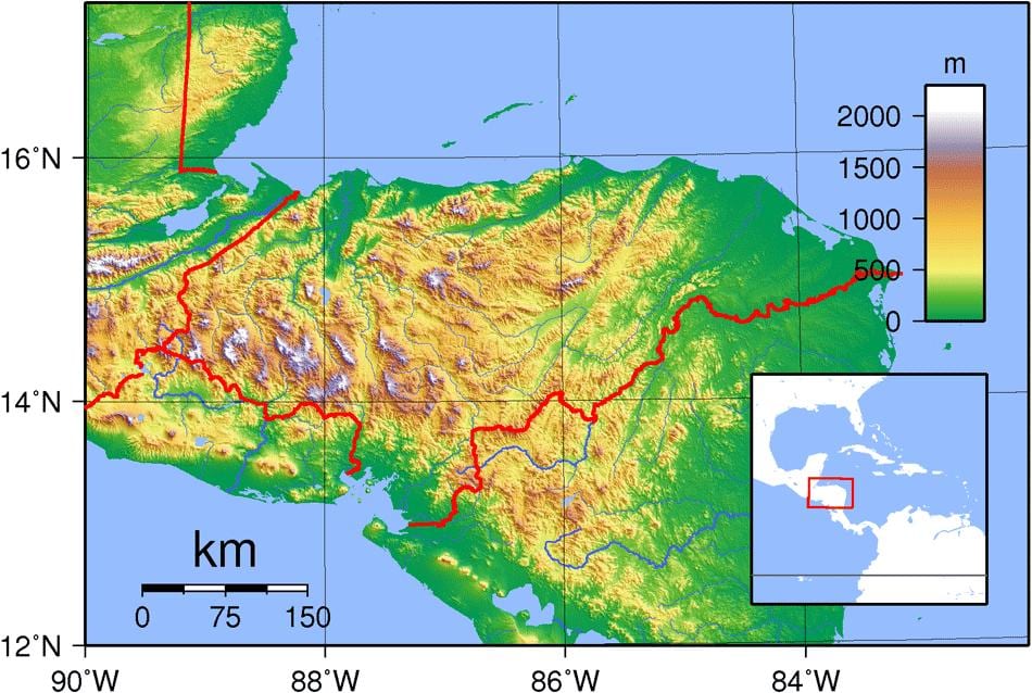 karte Hondurasa topogrāfiskās